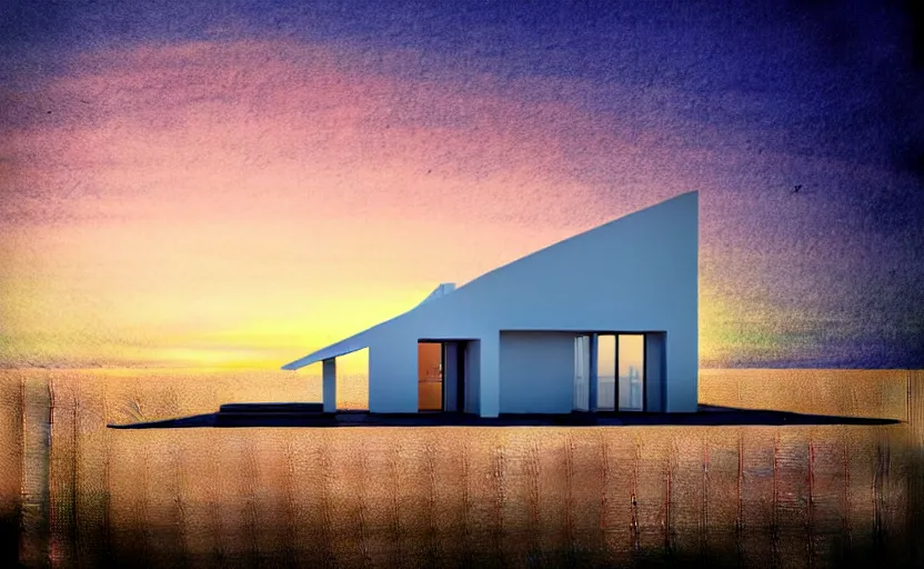 Image similar to one single stand alone huge hyperdetailed minimalist home, seen from the long distance, at night. by the sea. maximalist unexpected elements. free sky in plain natural warm tones. 8 x 1 6 k hd mixed media 3 d collage in the style of a childrenbook illustration in pastel tones. matte matte background. no frame hd