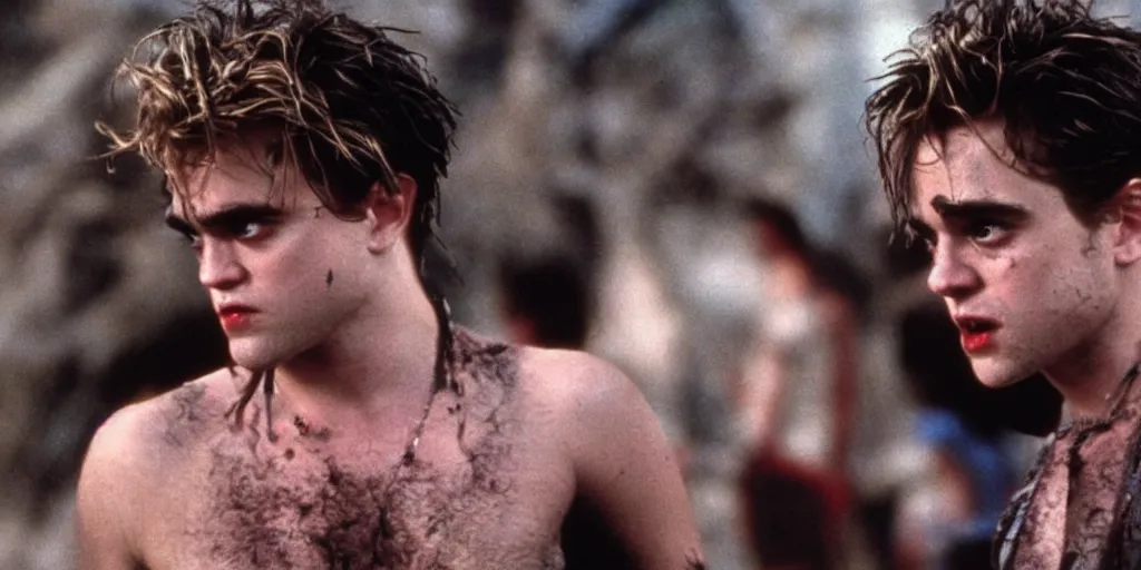 Prompt: a film still of Robert Pattison in Lost Boys, high quality