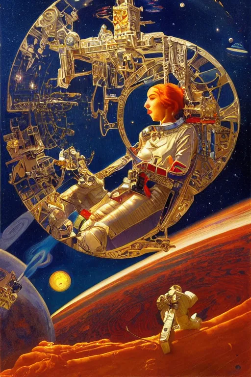 Image similar to space privateer madison beer, painted by james c. christensen and robert mccall, trending on artstation, soft illumination microscopic view abstract illusionism, in the silver hour, avant - garde