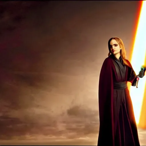 Image similar to emma watson as a sith lord with a cloak and a lightsaber