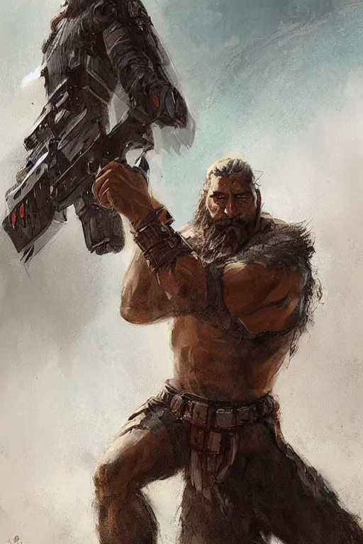 Image similar to portrait of a man by greg rutkowski, old bounty hanter, samoan features, tall and muscular, epic beard, star wars expanded universe, he is about 4 0 years old, wearing tactical gear.