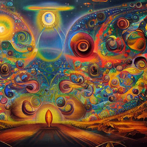 Prompt: intricate masterpiece painting of post-singularity, cosmic enlightenment, integrated societies