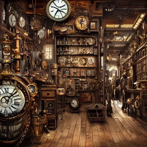 Image similar to interior of a cluttered steampunk clock shop, father time tinkering, wooden grandfather clocks everywhere, realistic, very intricate hyper detailed masterpiece by wlop