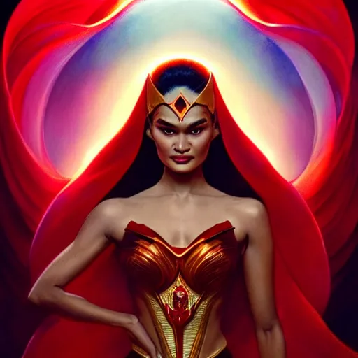 Image similar to pia wurtzbach as darna, volumetric lights, red and cyan theme, art nouveau botanicals, intricate, highly detailed, digital painting, artstation, concept art, smooth, sharp focus, cinematic, illustration, beautiful face, art by artgerm and greg rutkowski and alphonse mucha