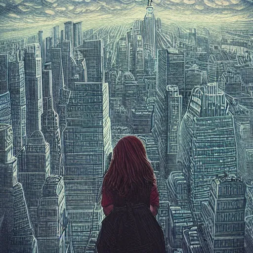 Image similar to “ a girl looking down at a futuristic new york city below, ghostpunk, fog, storm clouds, rain, detailed face, by james jean ”