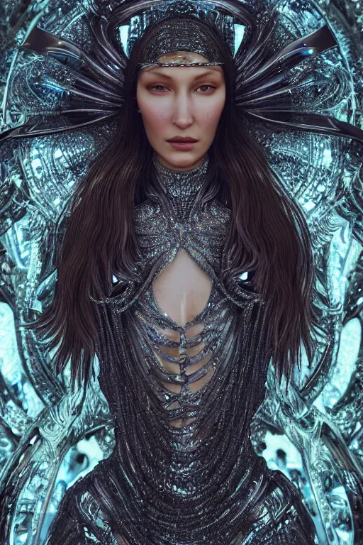 Image similar to a highly detailed medium shot 8 k render portrait of an alien goddess bella hadid in iris van herpen dress schiaparelli armor in diamonds and lots of jewelry in style of alphonse mucha trending on artstation made in unreal engine 4