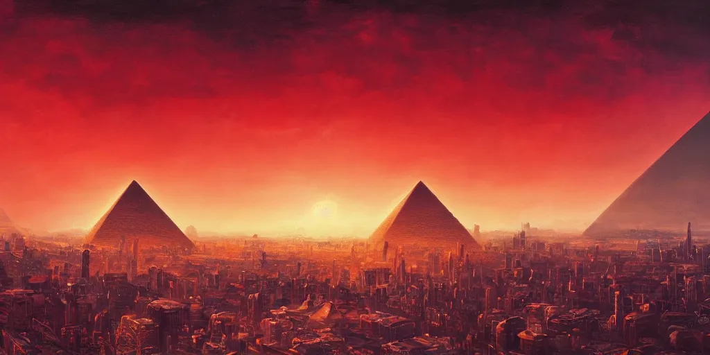 Prompt: an oil painting of a city with one pyramid in the center and walls that surround the city and a dark red sun, fantasy,hyper realistic, atmospheric lighting, cinematic, 8k,