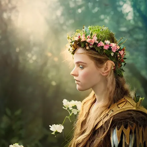 Prompt: portrait, stunning ethereal half - elf adventurer, made of sunlight and moonbeams, gently smiling with a crown of flowers, realistic, award - winning photography, glowing