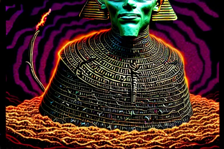 Prompt: godlike nematode. godking. weakening. surrounded by his followers. shadow realm. egyptian