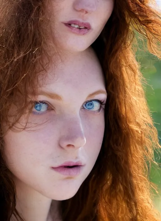 Image similar to close up portrait of a ( thin young redhead woman with russian descent, sunbathed skin, with ( intricate symmetrical deep blue eyes with ( round black pupils ) ) and ( wavy long maroon colored hair ) who looks directly at the camera with a ( slightly open mouth ) ). face takes up half of the photo. a park visible in the background. by luis royo.