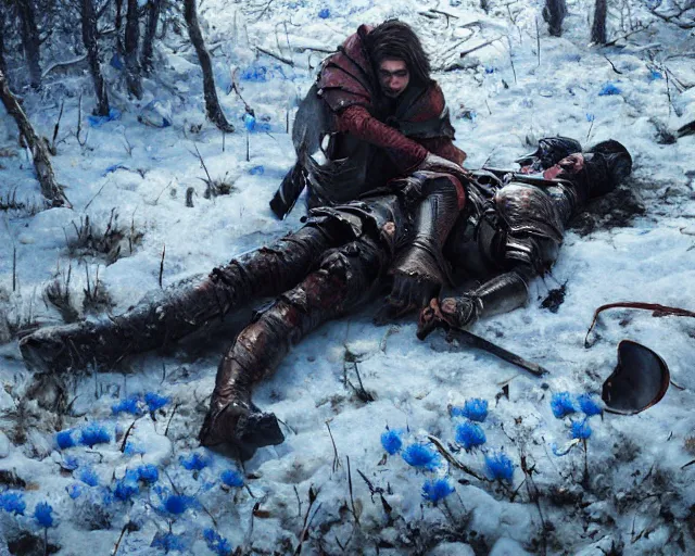 Image similar to Highly realistic oil painting of a wounded knight lying in the snow, surrounded by blue flowers, blood on flowers, by greg rutkowski, highly detailed, cinematic lighting, moody, dark