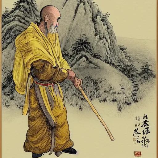 Prompt: a chinese battle monk, wearing a faded yellow toga, a straw hat, holding a wooden long staff that is perpendicular to the floor, long white beard, beautiful valley with a meadow and dozens of mountains, lots of shading, full body shot, drawn in the style of joao ruas