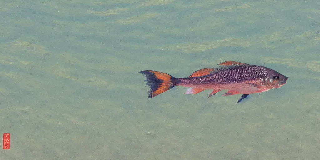 Prompt: a fish jumping out of a beautiful lake with great nature around it, and waves in the water, akria toyama style