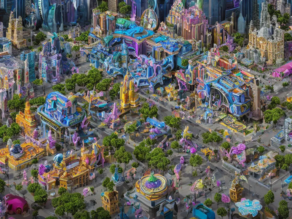 Prompt: a busy elaborate ornate outdoor city center museum, cinematic, huge structures, shadows, 4 k, detailed, by zaha hadid and lisa frank and peter jackson and ridley scott and beeple and greg rutowski