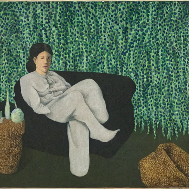 Image similar to a pathology student in her apartment, wrapped in vines, large stones, pig, black walls, black armchair, puddles, moss, acrylic on canvas, surrealist, by magritte and monet