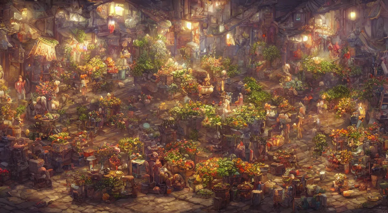 Prompt: Osmanthus Marketplace by Tony Sart, trending on artstation