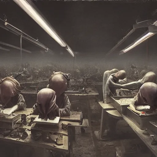 Image similar to evil souls being produced in surreal sweatshop under fluorescent light hell, advanced, photorealistic, realistic, dramatic lighting, fantastic reality, by stefan bakałowicz, 8 k resolution