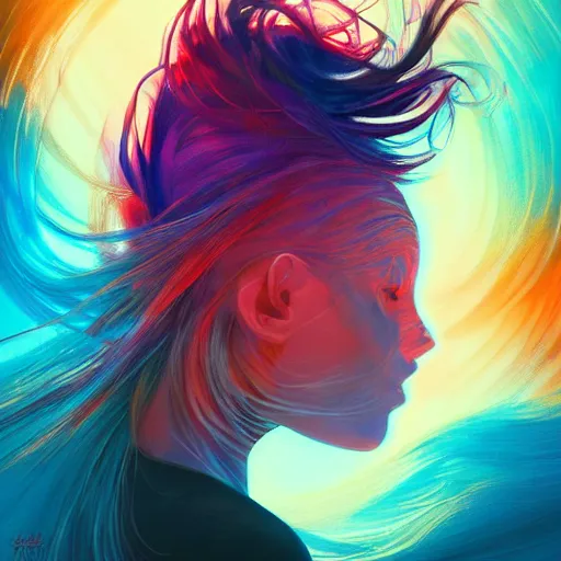 Image similar to colorful character portrait of a woman in a dark desert lit by the stars, wispy flowing hair, highly detailed face, very intricate, symmetrical, cinematic lighting, award - winning epic painting, painted by mandy jurgens, pan futurism, dystopian, bold colors, dark vibes, cyberpunk, groovy vibe, anime aesthetic, featured on artstation