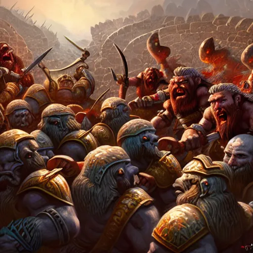 Image similar to painting of a single dwarven berserker facing a crew of crazy goblin warriors in deadly combat on a gladiator pit, sharp focus, high symmetry, award - winning, trending on artstation, masterpiece, highly detailed, intricate. art by mark tedin