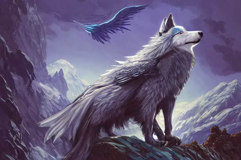 Image similar to Blue feathered wolf with wings on a beautiful fantasy landscape, hills, mountains, moonlit, HD, illustration, epic, D&D, fantasy, intricate, elegant, highly detailed, digital painting, artstation, concept art, smooth, sharp focus, illustration, wallpaper, art by artgerm and greg rutkowski and alphonse mucha and jin xiaodi and anthony devine