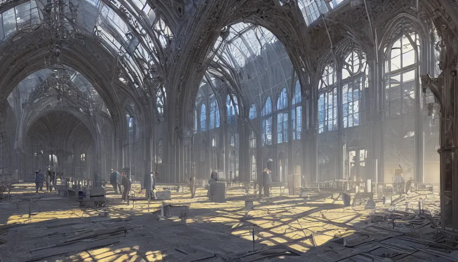 Image similar to neo - gothic berlin under construction, blue dome train station, worksite, sunny day, volumetric light, hyperdetailed, artstation, cgsociety, 8 k