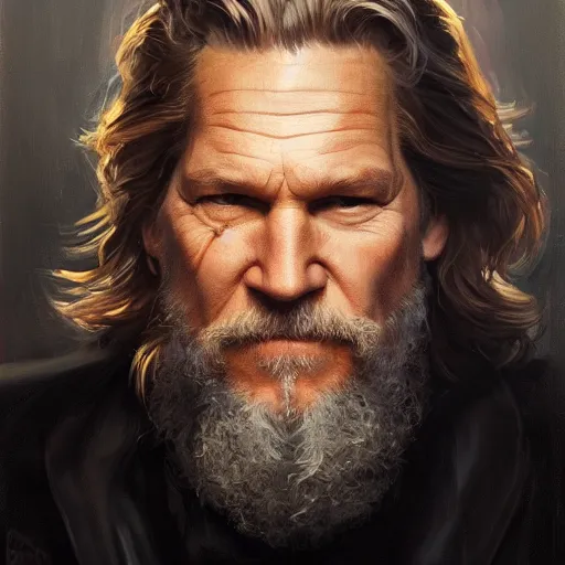 Prompt: closeup portrait of jeff bridges as the dude, dramatic lighting, city background, chiaroscuro, high detail, painted by greg rutkowski, painted by igor kieryluk, painted by bobby chiu, trending on artstation