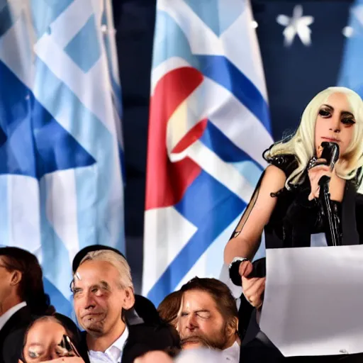 Image similar to Lady Gaga as president, Argentina presidential rally, Argentine flags behind, bokeh, giving a speech, detailed face, Argentina