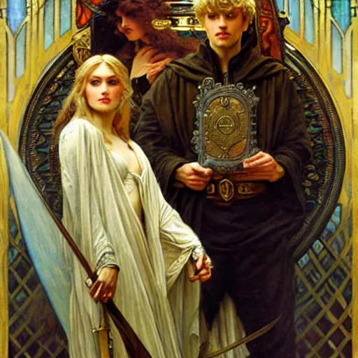 Prompt: arthur pendragon and merlin. focus on their faces. highly detailed painting by gaston bussiere, j. c. leyendecker, alphonse mucha, greg rutkowski, 8 k