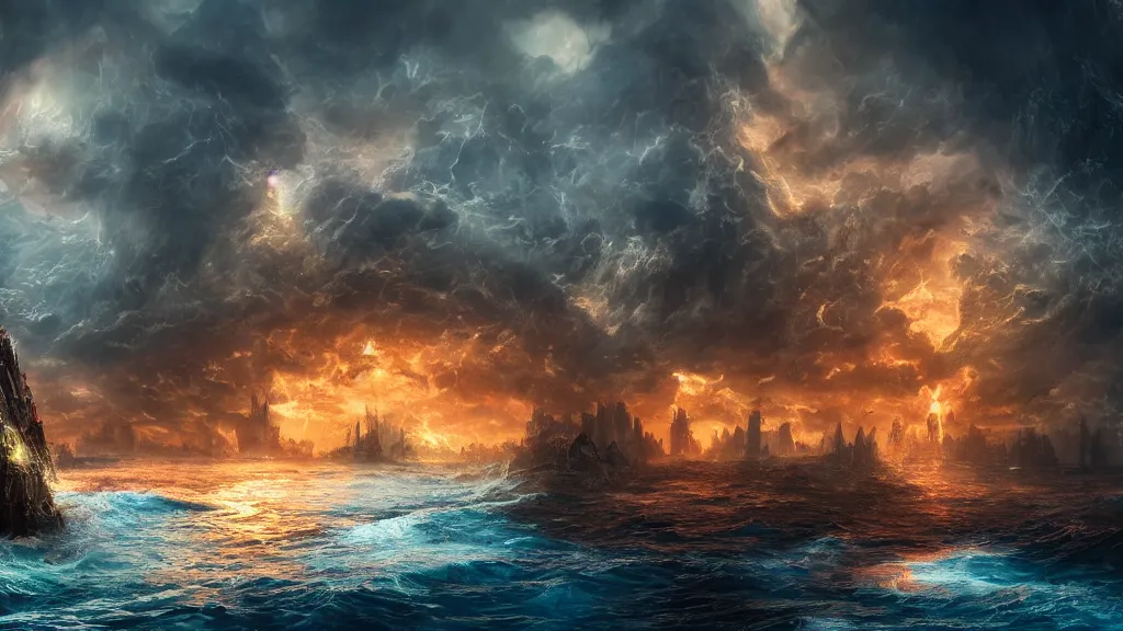 Image similar to a city in the middle of the ocean, roaring tempest, fantasy artwork, very very very beautiful scenery, hd, hdr, ue5, ue6, unreal engine 5, cinematic 4k wallpaper, 8k, ultra detailed, high resolution, artstation, award winning