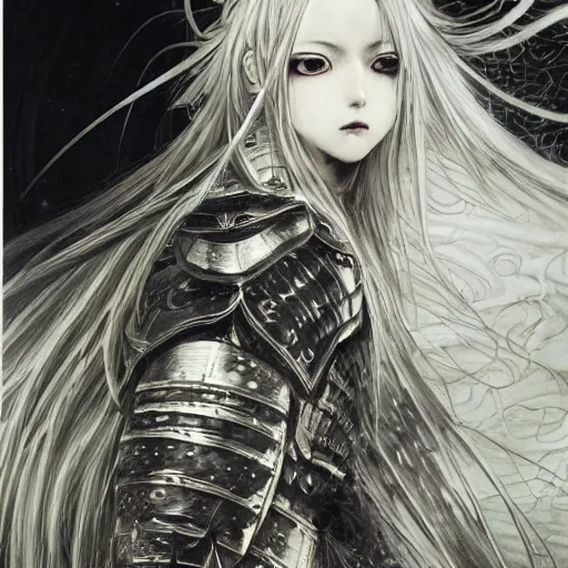 Image similar to yoshitaka amano realistic illustration of an anime girl with black eyes, wavy white hair fluttering in the wind and cracks on her face wearing elden ring armour with engraving, abstract black and white patterns on the background, noisy film grain effect, highly detailed, renaissance oil painting, weird portrait angle, blurred lost edges, three quarter view