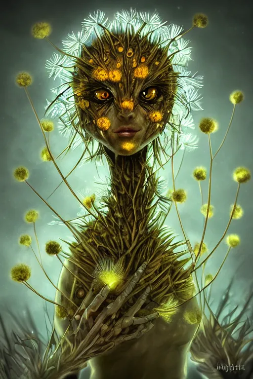 Image similar to a humanoid figure dandelion plant monster, amber eyes, highly detailed, digital art, sharp focus, ambient lighting, glowing, trending on art station, anime art style