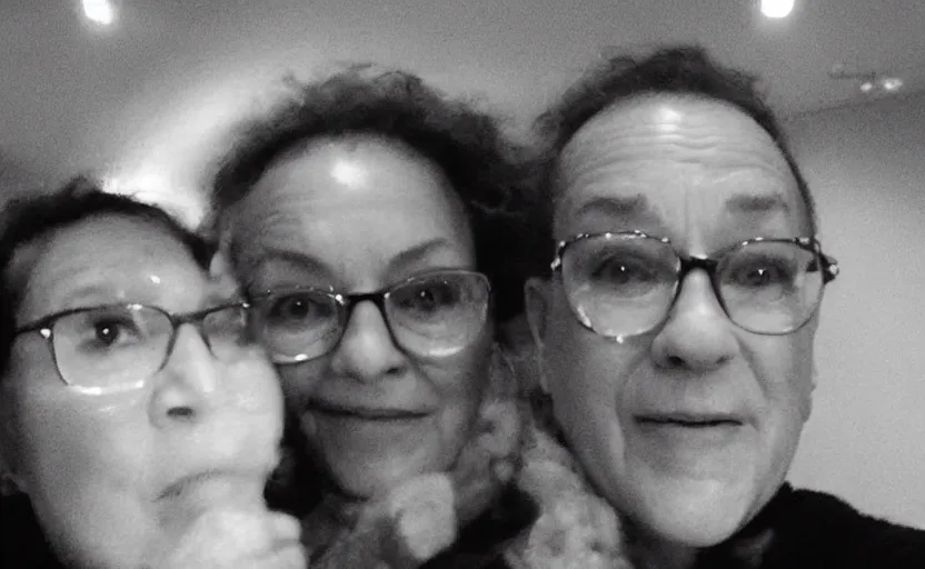 Prompt: my auntie that barely look like tom hanks if he was poor asf accidentally taking a selfie, front camera, camera flash is so bright in his face, viral, selfie, viral on twitter, viral on instagram, viral photo