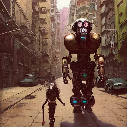 Image similar to mayan cyberpunk robot golem striding through streets of city, perfectly clear face, shadow of the colossus screenshot by j. c. leyendecker, simon stalenhag, studio ghibli, and beksinski