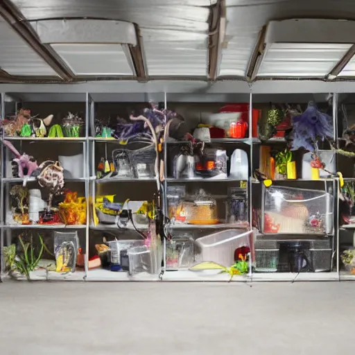 Image similar to garage with carnivorous plants on the shelves and packing peanuts on the floor, scene from tv show hyper detailed 5 5 mm 8 5 mm, low - light photography by tyler mitchell, made out of plastic