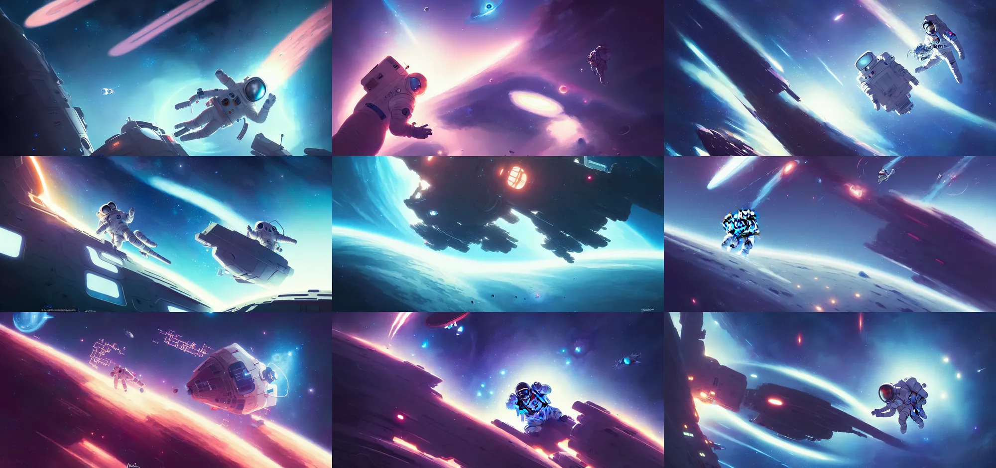 Prompt: astronaut exploring a starspace hull breach, by mark kolobaev and greg rutkowski and ross tran, studio ghibli color scheme, ultra high definition, ultra detailed, intricate, sharp focus, symmetry, sci - fi, fantasy, neon, galaxies, stars, space