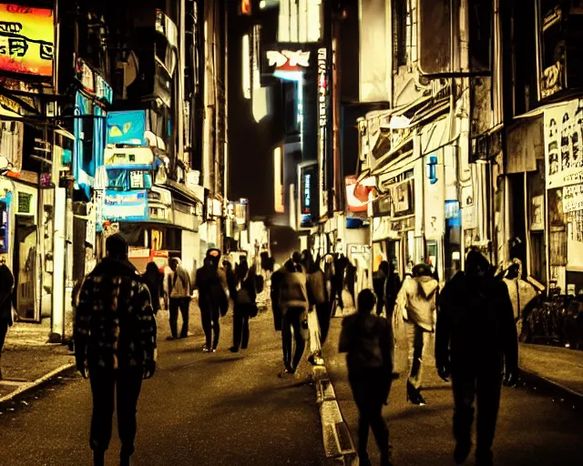 Image similar to people walking down a cyberpunk street at night