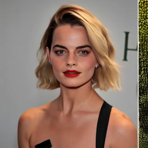 Image similar to a woman who is a genetic combination of margot robbie and emma watson face and upper - body focus