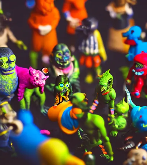 Prompt: miniature figurines of monsters, tilt shift, product photography, hyper color