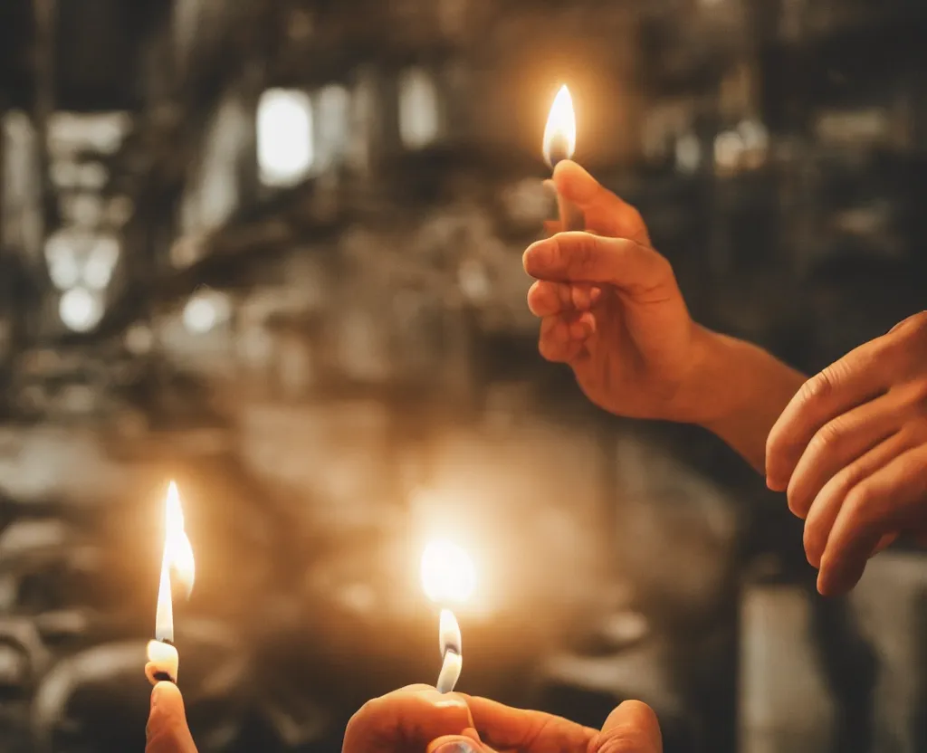 Prompt: first person point of view of man holding candle with his hand in a factory