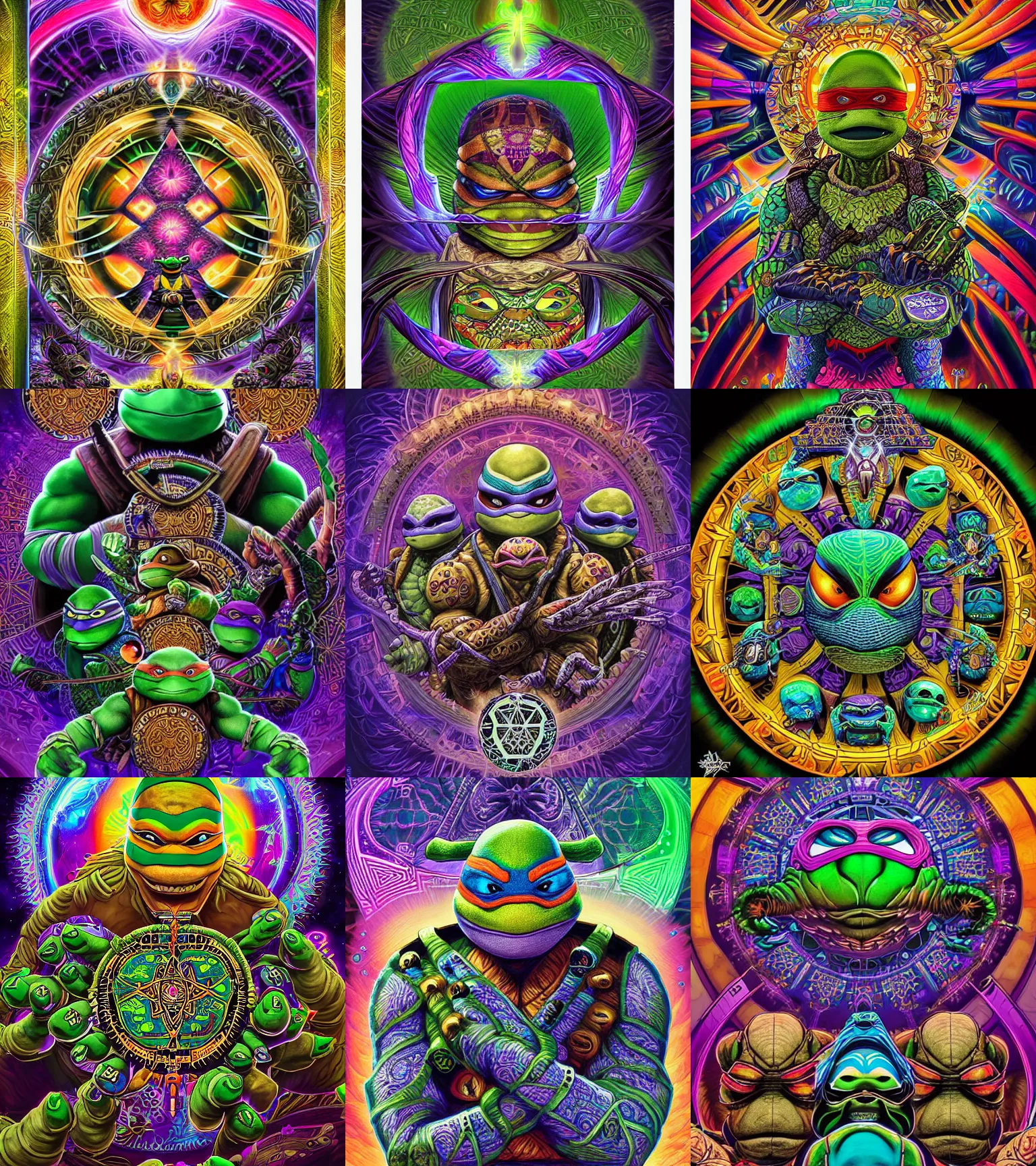 Prompt: a beautiful digital art of a intricate ornate cosmic fractal teenage mutant ninja turtles shaman with a glowing third eye by dan mumford and alex grey, sacred geometry, hd vibrant, hyper detailed, 3 d, ue 5, ultra fine detailed