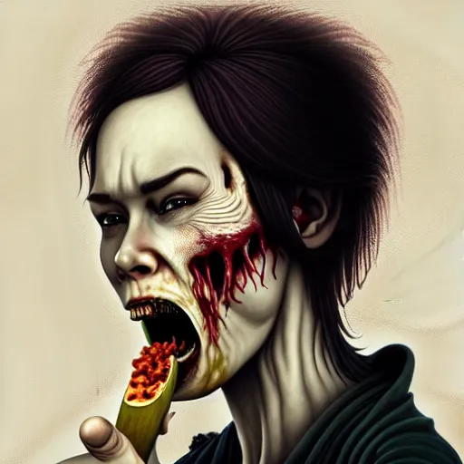 Prompt: color head portrait of lena headey eating a banana as a zombie, 7 days to die zombie, gritty background, fine art, award winning, intricate, elegant, sharp focus, cinematic lighting, digital painting, 8 k concept art, art by michael hussar, art by brom, art by guweiz and z. w. gu, 8 k