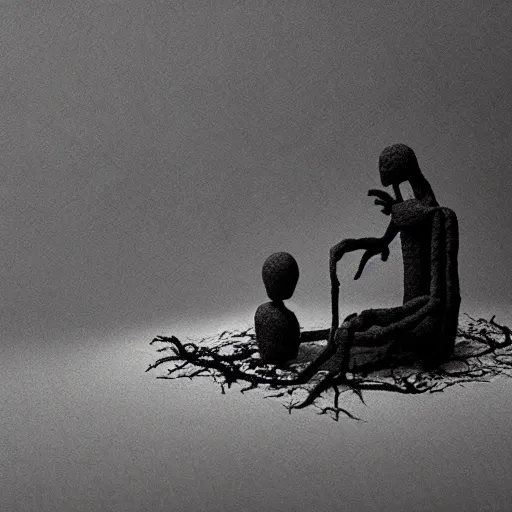 Image similar to the world between death and life, surrealistic detailed claymation art, dark, moody, foggy