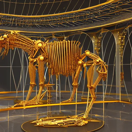 Image similar to the intricate skeleton of a megatherium made of iridiscent gold by a famous jeweler in a futuristic museum, unreal engine 5