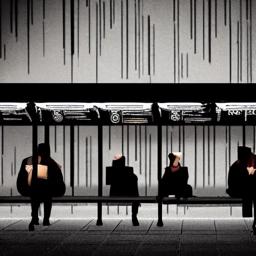 Prompt: a some people waiting in a lone bus stop in quiet dark city night, low poly stylized but with dramatic lighting, low angle camera view, high quality, high resolution,detailed