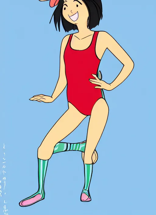 Prompt: a perfect professional digital sketch of a funny and cute Japanese young woman wearing one-piece sport swimsuit leotard, in style of Disney Pixar, CalArts