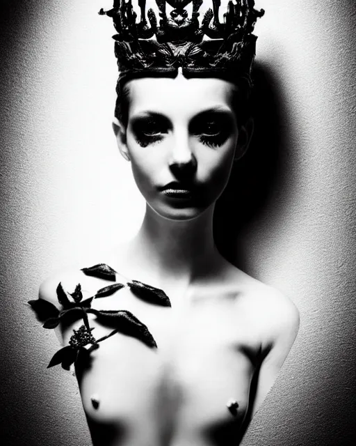 Prompt: dark background, a black and white high quality dreamy photo of a young beautiful female queen-dragon-vegetal-flower-cyborg bust with a very long neck, elegant, highly detailed, poetic, soft, dreamy, mysterious, high fashion, rim light, in the style of Ellen von Unwerth, Realistic, Refined, Digital Art, Highly Detailed, Cinematic Lighting, rim light, black and white, photo-realistic, 8K