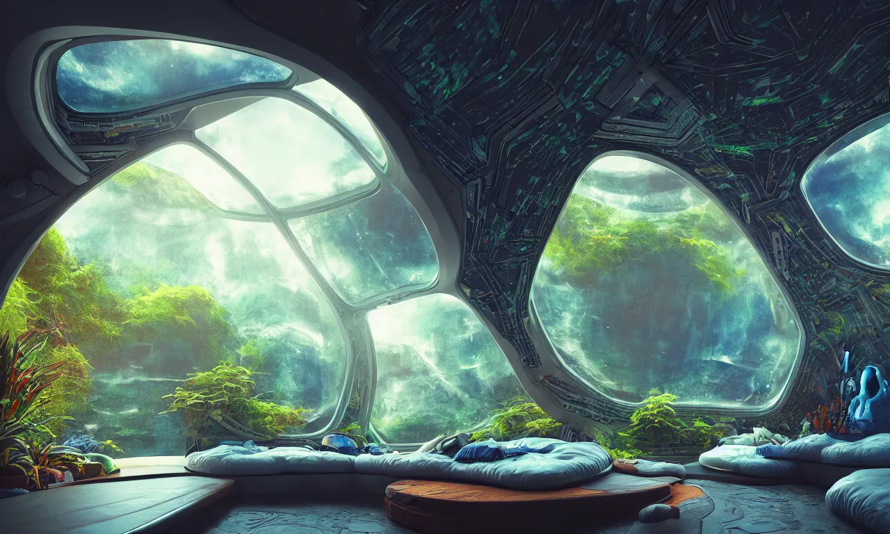 Prompt: cozy space inside of a spaceship for humans, massive windows to space, colorful detailed patterns on the walls, natural, plants, water features, waterfalls, 4 k, transcendent, trending on artstation, photorealistic, award winning, hyper detailed, rule of thirds, dramatic, volumetric lighting, octane render