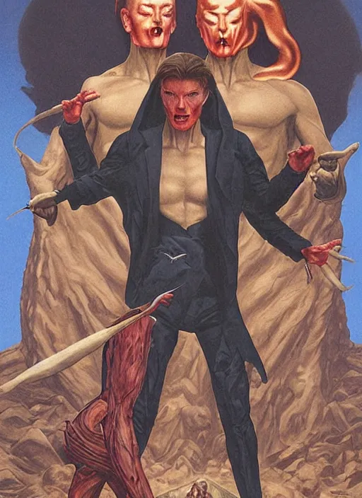 Image similar to twin peaks poster art, david bowie fighting his doppelganger gemini good and evil fantasy by, wayne barlowe, old retro pulp, by michael whelan, rossetti bouguereau, artgerm, nostalgic, old fashioned