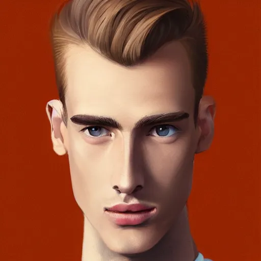 Image similar to tall man in his twenties slightly smiling with brown blond short quiff hair and thin slightly round facial structure with cleft chin, straight eyebrows and prominent bumpy nose, good definition of cheekbones, big hazel nut brown eyes, narrow face, slim body, atmospheric lighting, painted, intricate, 4 k, highly detailed by charlie bowater