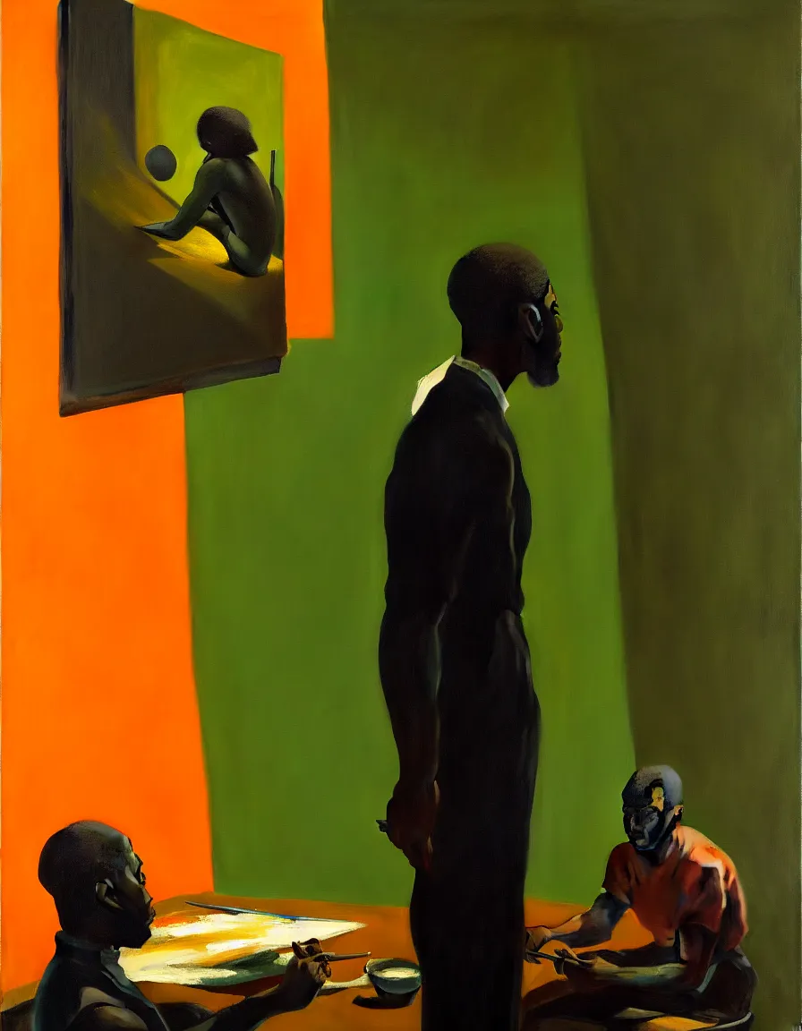 Prompt: portrait of a black painter staring intently at his canvas, very thoughtful, yet playful, studio, highly detailed oil painting, by edward hopper, adrian ghenie, glenn brown, soft light 4 k, orange and green colour palette, cinematic composition, cinematic lighting, high quality octane render, masterpiece